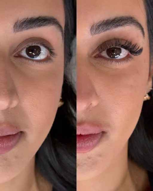 Close-up before-and-after comparison of a Mikado lash extension set