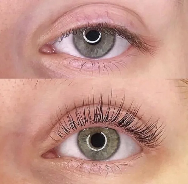 Close-up of natural lashes after a lash lift and tint